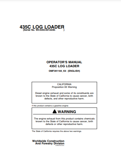 JOHN DEERE TIMBERJACK 435C (C SERIES) FORESTRY Knuckleboom Loader OPERATOR MANUAL - OMF391184