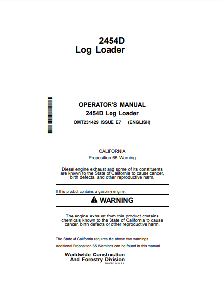 OMT231429 - JOHN DEERE 2454D (D SERIES) Forestry Log Loaders  OPERATOR MANUAL