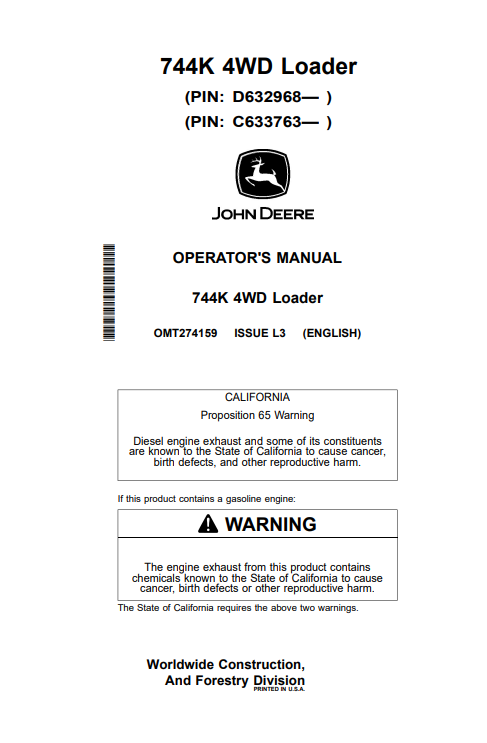 OPERATOR MANUAL - JOHN DEERE 744K (0) Construction Loaders - OMT274159_24