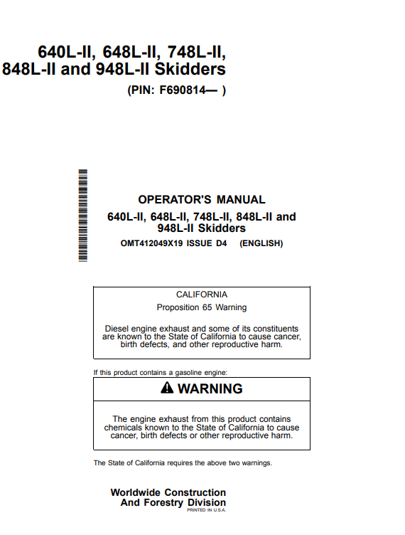 Access the operator manual for John Deere forestry skidders 640L-II to 948L-II. Ensure efficient operation and maintenance with expert insights and detailed instructions.