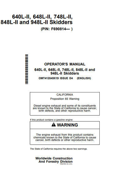 Access the operator manual for John Deere forestry skidders 640L-II to 948L-II. Ensure efficient operation and maintenance with expert insights and detailed instructions.