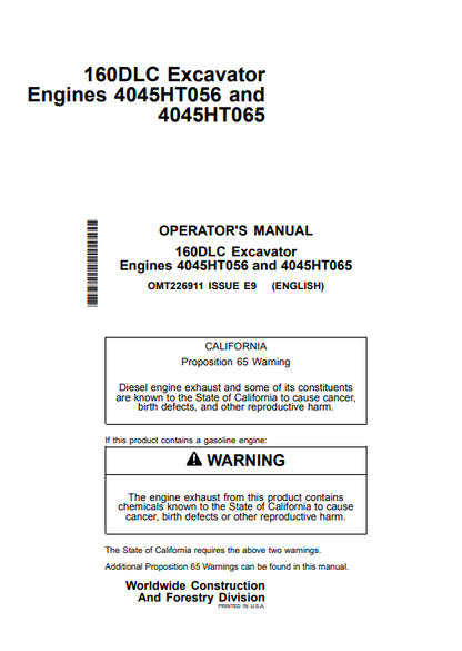 JOHN DEERE 160DLC (D SERIES) Construction Excavators OPERATOR MANUAL - OMT226911