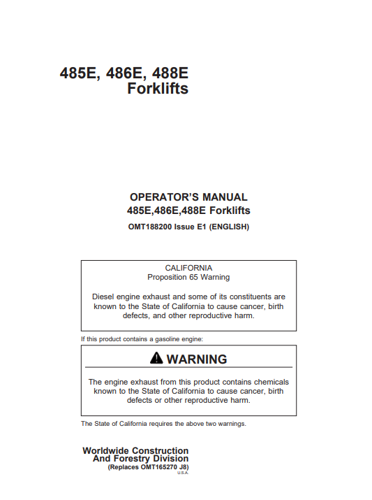 JOHN DEERE 485E, 486E, 488E (E SERIES) Construction Forklifts OPERATOR MANUAL - OMT188200