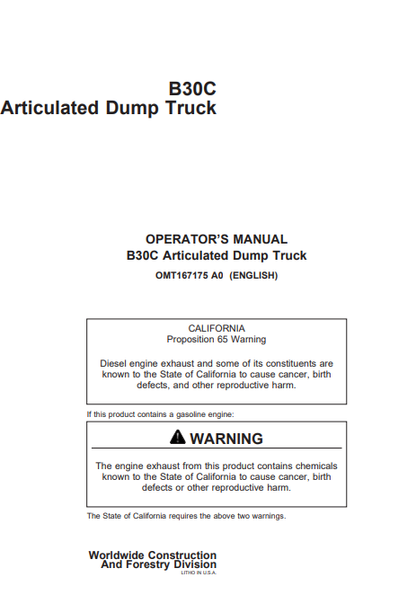 JOHN DEERE B30C(C SERIES) Construction Articulated Dump Trucks OPERATOR MANUAL - OMT167175