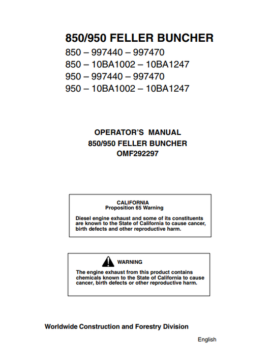 JOHN DEERE 950, 850 (50 SERIES) FORESTRY Tracked Feller Bunchers OPERATOR MANUAL - OMF292297