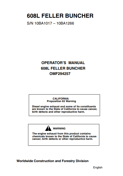 JOHN DEERE 608L (608 SERIES) FORESTRY Tracked Harvesters OPERATOR MANUAL - OMF294257