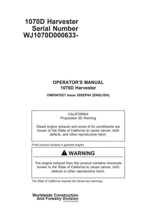 JOHN DEERE 1070D (D SERIES_JOHN DEERE MODELS) FORESTRY Wheeled Harvesters OPERATOR MANUAL - OMF067021