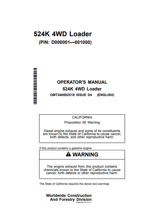 OPERATOR MANUAL - JOHN DEERE 524k Construction Loaders - OMT346592X19_64