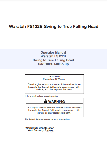 F298143 - JOHN DEERE FS122B (B SERIES) Forestry Stt Disc Saw Felling Head OPERATOR MANUAL