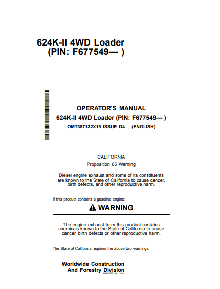 OPERATOR MANUAL - JOHN DEERE 624K SERIES II (K SERIES) Construction Loaders - OMT387132X19_64