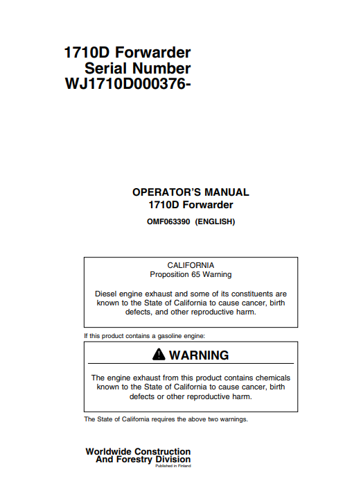 JOHN DEERE 1710D (D SERIES_TIMBERJACK MODELS) Forestry Forwarders OPERATOR MANUAL - OMF063390