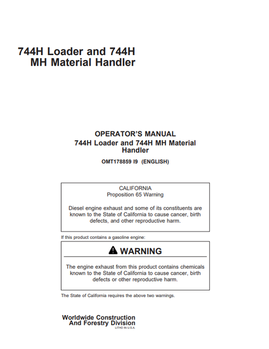 JOHN DEERE 744H, 744HMH (H SERIES) Construction Loaders OPERATOR MANUAL - OMT178859