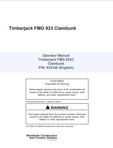 933102 - JOHN DEERE TIMBERJACK 933C (C SERIES) FORESTRY CLAMBUNK OPERATOR MANUAL