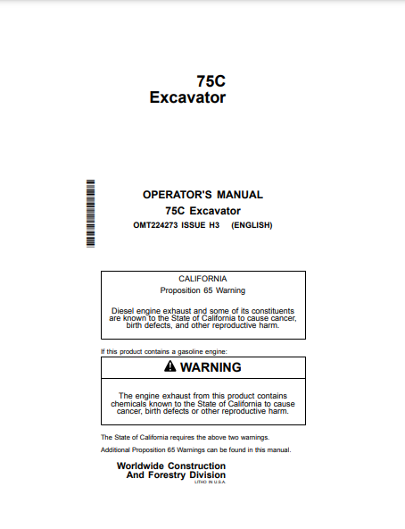 OMT224273 - JOHN DEERE 75C (C SERIES) Construction Excavators OPERATOR MANUAL