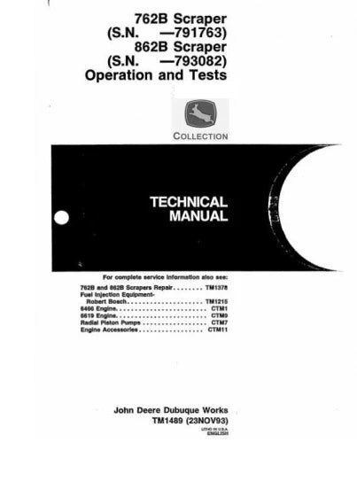 DIAGNOSTIC AND TEST SERVICE MANUAL -  JOHN DEERE 862B SCRAPERS TM1489