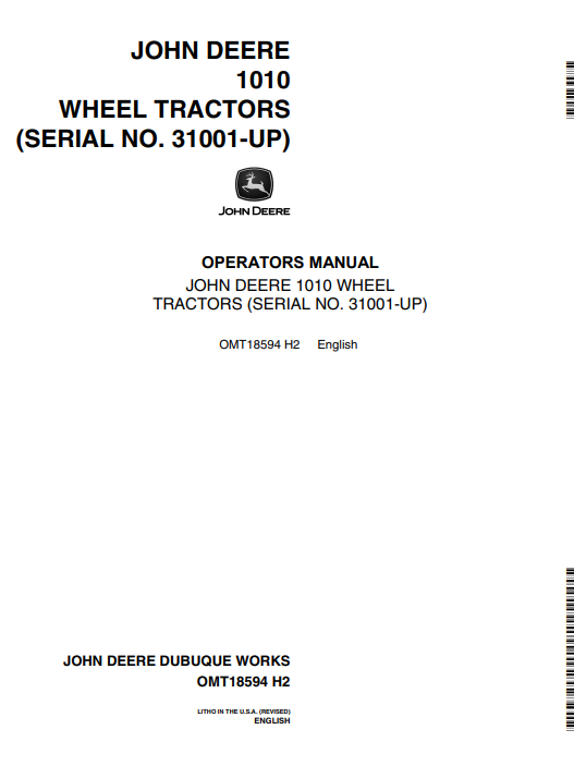 JOHN DEERE 1010 (SERIES) Construction Excavators OPERATOR MANUAL - OMT18594_