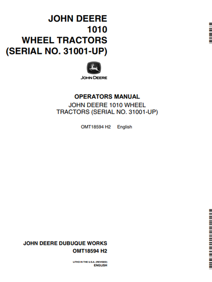 JOHN DEERE 1010 (SERIES) Construction Excavators OPERATOR MANUAL - OMT18594_