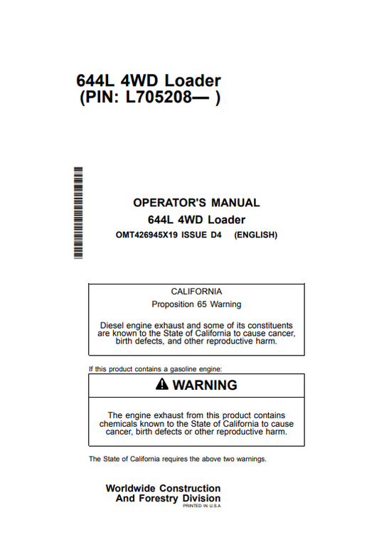 OPERATOR MANUAL - JOHN DEERE 644L Construction Loaders - OMT426945X19_64