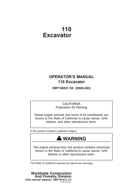 JOHN DEERE 110 (METRIC) Construction Excavators OPERATOR MANUAL - OMT185531