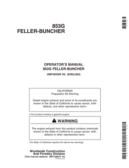 JOHN DEERES 853G (G SERIES) FORESTRY Tracked Feller Bunchers OPERATOR MANUAL - OMF383395