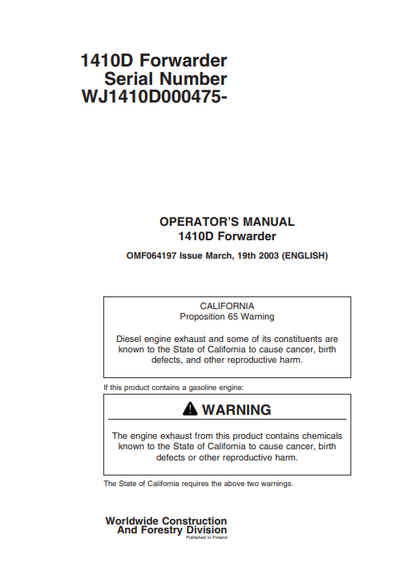 JOHN DEERE 1410D (D SERIES_TIMBERJACK MODELS) FORESTRY Forwarders OPERATOR MANUAL - OMF064197