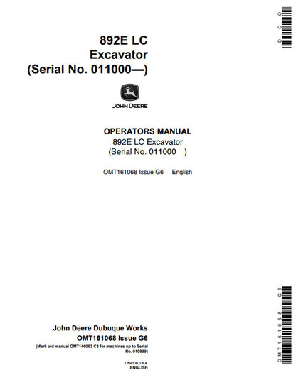 JOHN DEERE 892ELC (E SERIES) Construction Tractors OPERATOR MANUAL - OMT161068