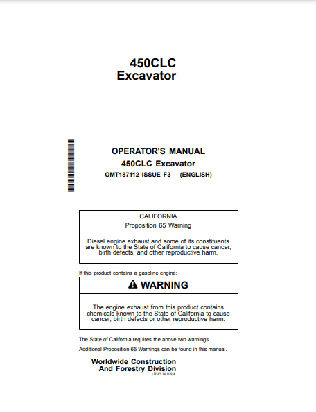 OMT187112 - JOHN DEERE 450CLC (C SERIES) Construction Excavators OPERATOR MANUAL