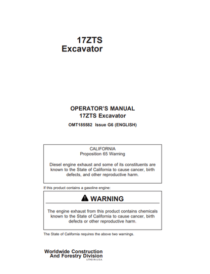 JOHN DEERE 17ZTS (METRIC) Construction Excavators OPERATOR MANUAL -OMT185582_