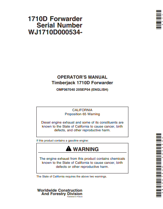 JOHN DEERE 1710D (D SERIES_TIMBERJACK MODELS) FORESTRY Forwarders OPERATOR MANUAL - OMF067040