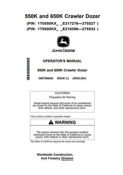 OPERATOR MANUAL - JOHN DEERE 550K, 650K (G SERIES) Construction Crawler Loaders  - OMT288826_24