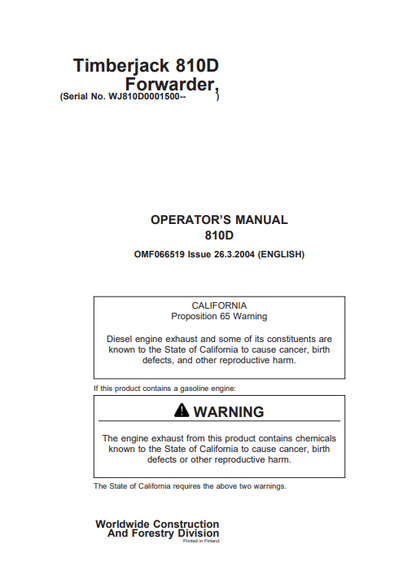 JOHN DEERE 810D (D SERIES) FORESTRY Forwarders OPERATOR MANUAL - OMF066519