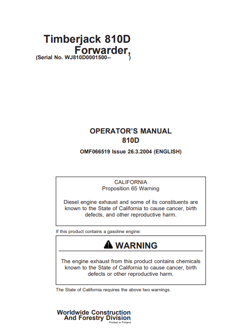 JOHN DEERE 810D (D SERIES) FORESTRY Forwarders OPERATOR MANUAL - OMF066519