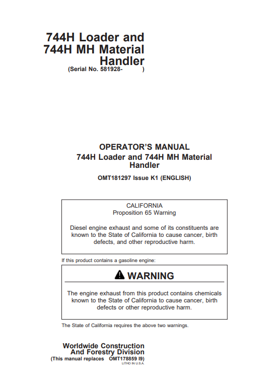 JOHN DEERE 744H, 744HMH (H SERIES) Construction Loaders OPERATOR MANUAL - OMT181297_