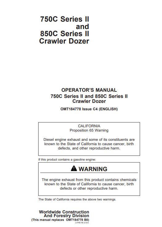 JOHN DEERE 750CII, 850CII (C SERIES II) Construction Crawlers OPERATOR MANUAL - OMT184778_