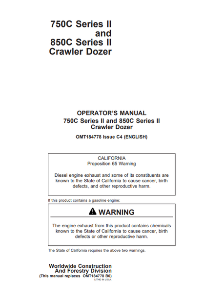 JOHN DEERE 750CII, 850CII (C SERIES II) Construction Crawlers OPERATOR MANUAL - OMT184778_