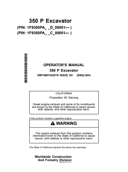 OPERATOR MANUAL - JOHN DEERE 350P Construction Excavators - OMT499743X019_64