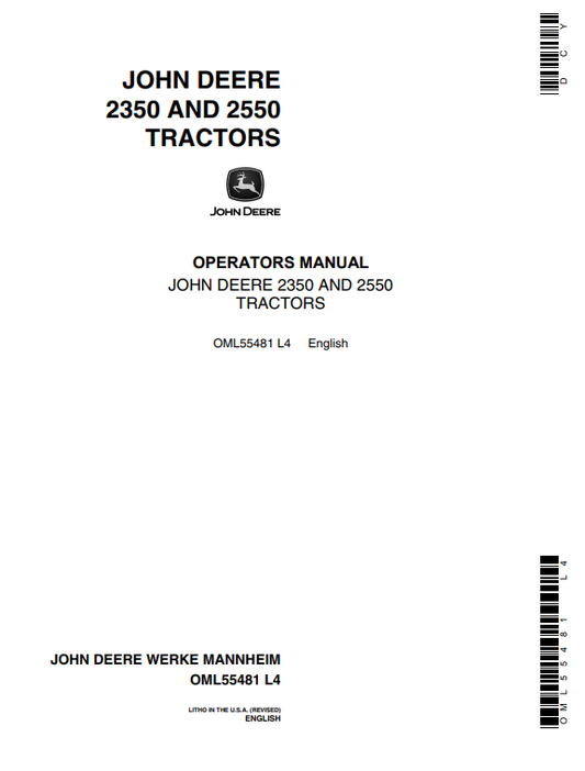 JOHN DEERE 2350, 2550 (SERIES) Construction Tractors OPERATOR MANUAL - OML55481_