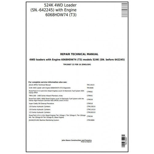 SERVICE REPAIR MANUAL -  JOHN DEERE 524K 4WD LOADER (SN.BEFORE 642245) W.ENGINE 6068HDW74 (T3) TM10687