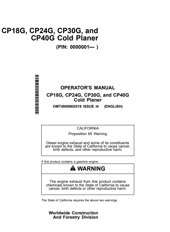 OPERATOR MANUAL - JOHN DEERE CP18G, CP24G, CP30G, CP40G  Construction Worksite Pro™ Attachments - OMT490696X019_