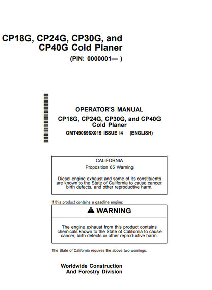 OPERATOR MANUAL - JOHN DEERE CP18G, CP24G, CP30G, CP40G  Construction Worksite Pro™ Attachments - OMT490696X019_