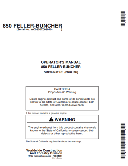 JOHN DEERES 850 (50 SERIES) FORESTRY Tracked Feller Bunchers  OPERATOR MANUAL - OMF383437_