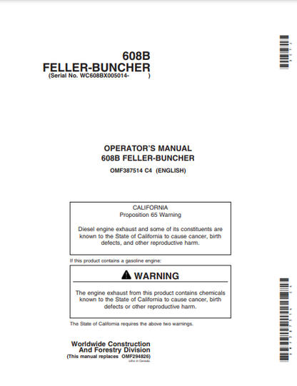 OMF387514 - JOHN DEERE 608B (608 SERIES) Forestry Tracked Feller Bunchers OPERATOR MANUAL