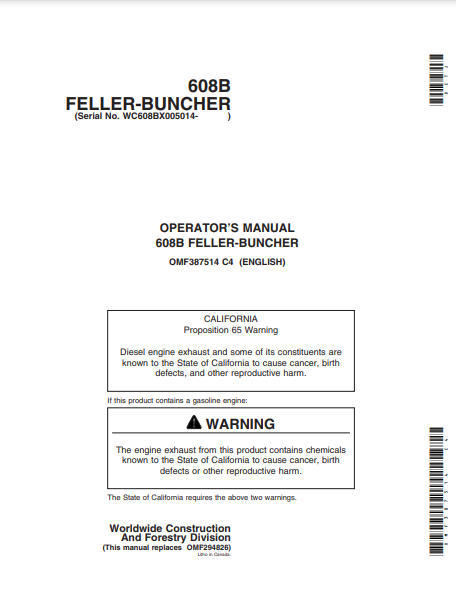 OMF387514 - JOHN DEERE 608B (608 SERIES) Forestry Tracked Feller Bunchers OPERATOR MANUAL