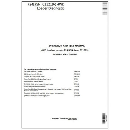  DIAGNOSTIC, OPERATION AND TEST SERVICE MANUAL - JOHN DEERE 724J (SN. 611219-) 4WD LOADER TM10232 