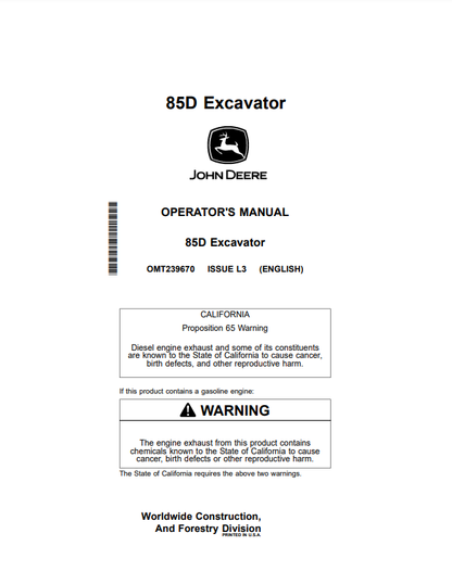 OPERATOR MANUAL - JOHN DEERE 85D (D SERIES) CONSTRUCTION EXCAVATORS  OMT239670_24