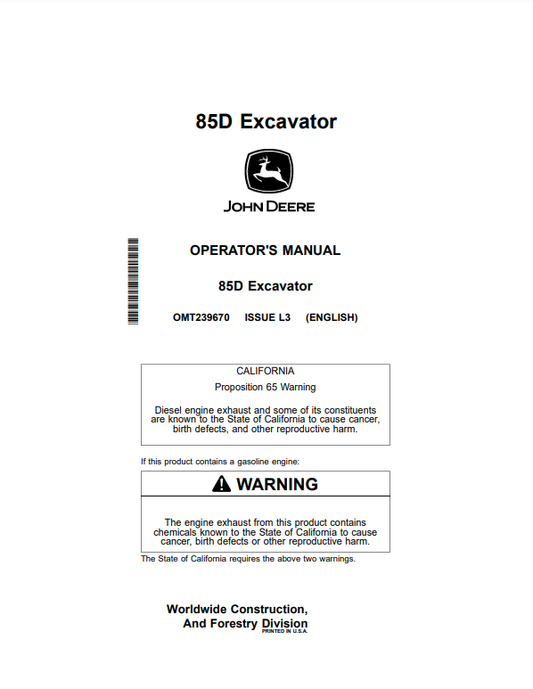 OPERATOR MANUAL - JOHN DEERE 85D (D SERIES) CONSTRUCTION EXCAVATORS  OMT239670_24