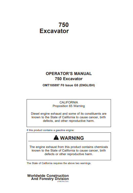 JOHN DEERE 750 (METRIC) Construction Excavators OPERATOR MANUAL -OMT185897