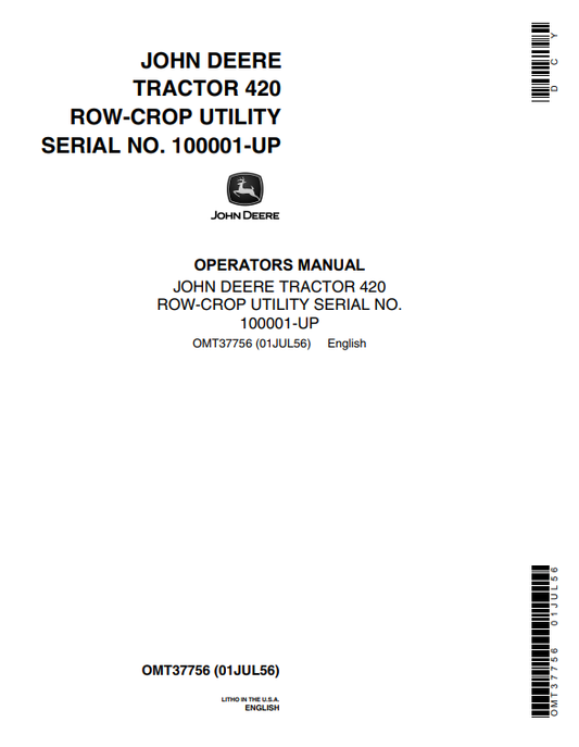 JOHN DEERE 420 (SERIES) Construction Tractors OPERATOR MANUAL -  OMT37756