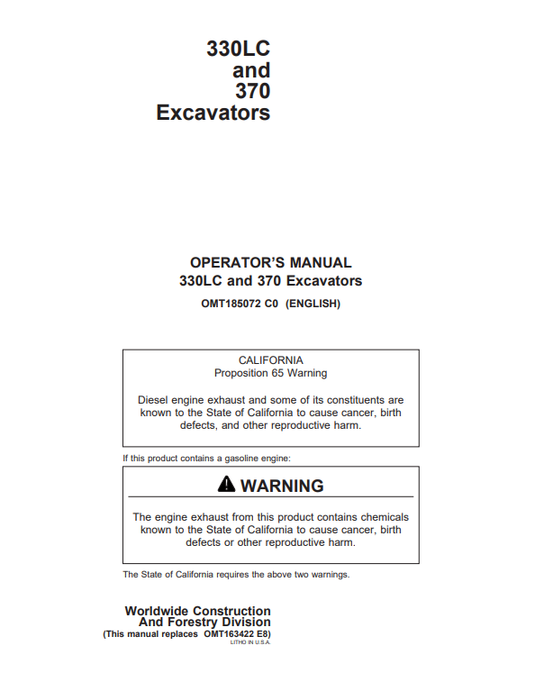 JOHN DEERE 330LC, 370  (METRIC) Construction Excavators OPERATOR MANUAL - OMT185072