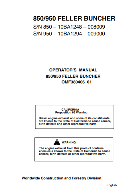 JOHN DEERES 950, 850 (50 SERIES) FORESTRY Knuckleboom Loader OPERATOR MANUAL - OMF380406